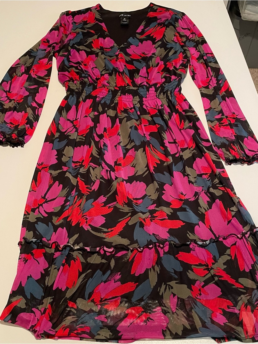 Long Sleeve Floral V-Neck Dress in Black with Pink & Red Blooms
